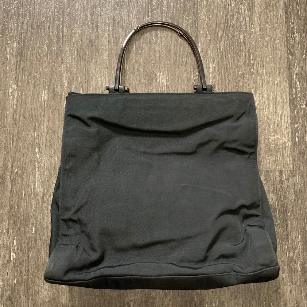 Vintage Gucci Handbag Black Nylon‎ Jackie Tote Bag Silver Metal Handle